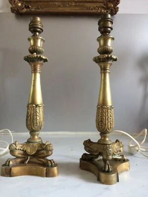 Paire Flambeaux montés Lampe Bureau/Pieds Griffes&Lotus/Bronze doré/1er Empire - Photo 1/4