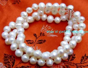 7.5" 3 Strand 7-8mm AAA Round Natural White Pearl Bracelet for Women Jewelry - Picture 1 of 9