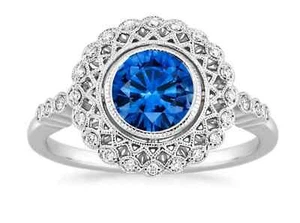 Alianza redonda de oro blanco de 14 quilates con zafiro natural y diamantes reales de 1,35 quilates talla AL - Imagen 1 de 5