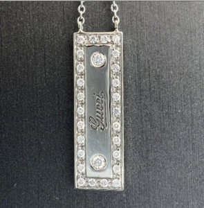18KT WHITE GOLD DIAMOND BAR GUCCI PENDANT NECKLACE - Picture 1 of 6