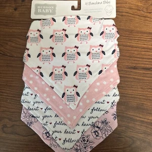 Hudson Baby Infant Girl Cotton Bandana Bibs Pink/ White  4 Pack, Owl   NwT - Picture 1 of 2