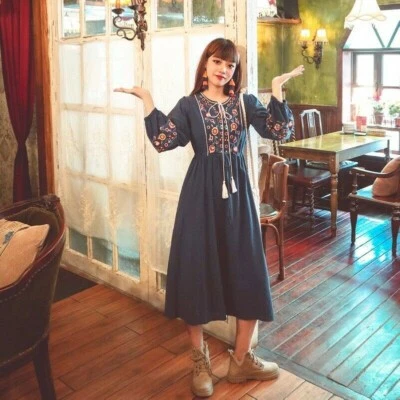 Damen Mexikanisch Ethnisch Besticktes Kleid Big Swing Boho Maxi Baumwolle - Bild 1 von 4