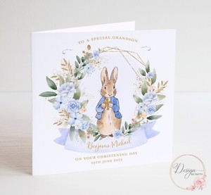 PERSONALISED PETER RABBIT Christening Card - Grandson Son Nephew Godson - NEW