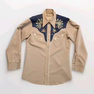 Vintage 50er Jahre H Bar C Blumen bestickt Gabardine Western Hemd hellbraun passt Größe 15,5 - Bild 1 von 14