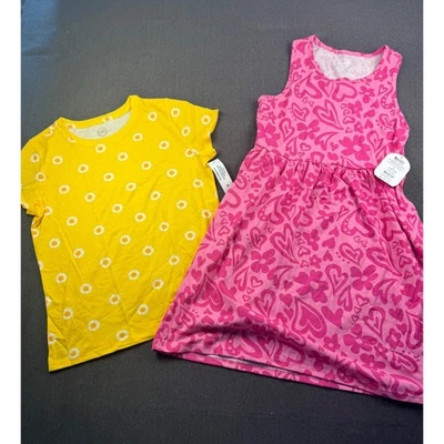 Wonder Nation 女孩 L(10-12) 黄色雏菊T恤和粉红色心形连衣裙 2 件套套装 — 第 1/4 张图片