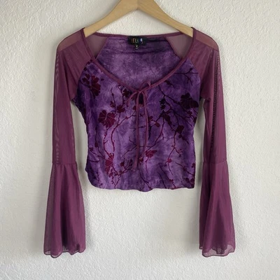 Y2k Delia’s M Top Velvet Burnout Whimsigoth Fairy Bell Sleeve Purple Hippie Boho - Image 1 of 4