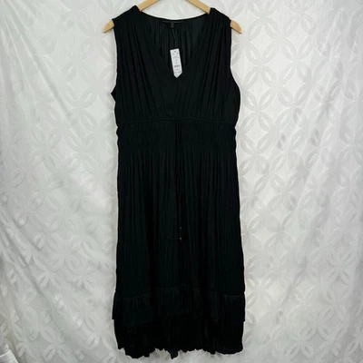 WHBM Black Party Petite 无袖缎面打褶迷笛连衣裙 L 码全新带标签 — 第 1/4 张图片