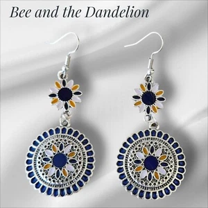 Boho Ethic Retro Style Flower Round Enamel Dangle Earrings - Picture 1 of 8
