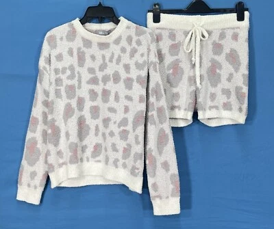 NUEVO CON ETIQUETAS AZUL B Blanco/Gris LEOPARDO Sherpa Vellón TOP/PANTALONES CORTOS CONJUNTO DE 2 piezas PIJAMA SALÓN S Foto 1 de 4
