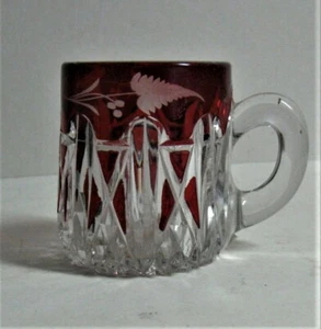 EAPG *** RUBY STAINED CUP - WITH ENGRAVING - TRIPLE TRI-ANGLE 3" TALL. - Picture 1 of 6