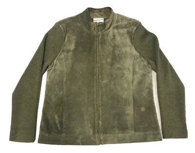 Chaqueta Pendleton de cuero de lana merino para mujer talla grande cremallera cárdigan verde Foto 1 de 4