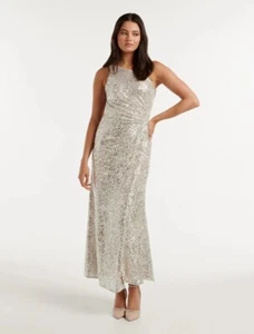Size 12 Forever New Carolyn Sequin Asymmetrical Gown (silver) - Picture 1 of 6