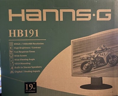 HB191  HANNS-G 19" TFT LCD FLAT PANEL MONITOR BLACK WITH CABLES NEW IN BOX - Image 1 of 2
