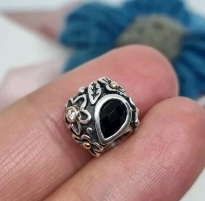Genuine Pandora Silver & 14k Gold Dew Drop Charm Diamond Black Onyx 💕925 ALE — 第 1/4 张图片