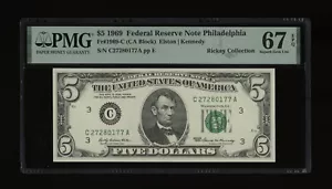 DBR 1969 $5 FRN Philadelphia Fr. 1969-C Superb Gem PMG 67 EPQ Serial C27280177A - Picture 1 of 2