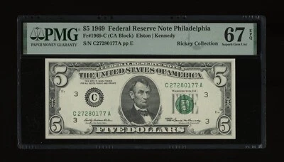 DBR 1969 $5 FRN Philadelphia Fr. 1969-C Superb Gem PMG 67 EPQ Serial C27280177A - Image 1 of 2