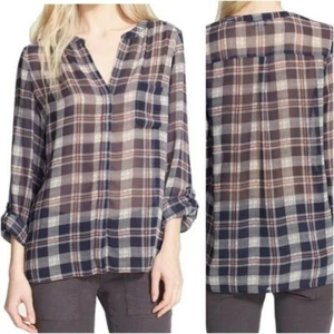 Joie 100 % Seide kariertes Hemd mit Knopfleiste Größe Medium marineblau rosa transparent MANGEL - Bild 1 von 10