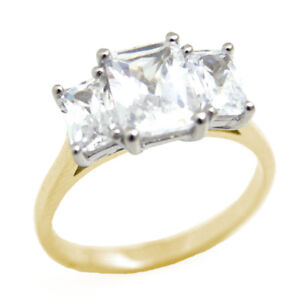 9ct Gold Trilogy Ring Simulated Diamond Emerald Cut Engagement ring UK Hallmark