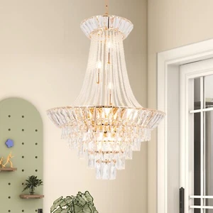 24" Empire Gold Pendant Lamp Elegant Crystal Chandelier Hanging Ceiling Lights - Picture 1 of 17