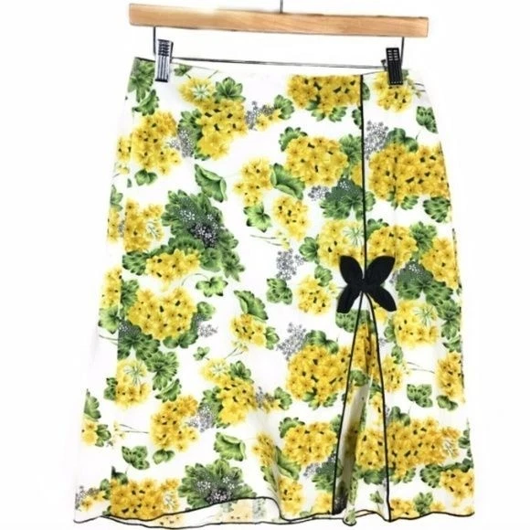 Speechless Retro Yellow Floral A-Line Skirt M Bow VLV Pin-Up Twee Coquette Knee - Image 1 of 4