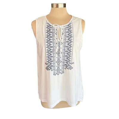 CHAPS White Tank Top Blue Embroidery Gauzy Tie Neck Size LARGE Summer Casual - Image 1 of 4