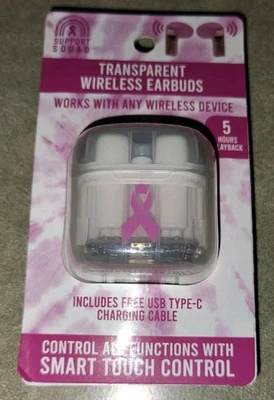 透明无线蓝牙耳塞和保护壳癌症意识支持小组 — 第 1/2 张图片