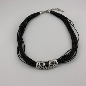Vintage Halsband Halskette mehrere Kordeln SilberT Plättchen Anhänger schwarz Emaille 16-19"L - Bild 1 von 4