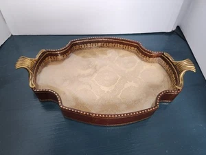 Vtg Vanity Perfume Tray Embossed Leather Surround Goldtone Metal Handles - Picture 1 of 7