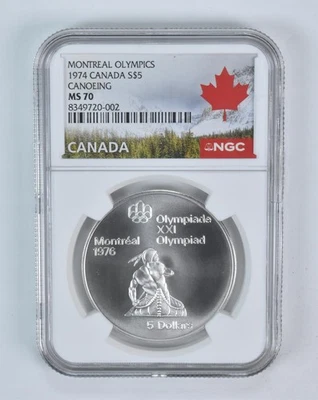 1974 Canada 5 Dollars Silver Olympic Canoeing MS70 NGC Canada Lbl - Image 1 of 4