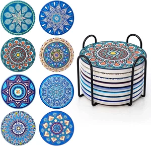 Set Di 8 Sottobicchieri Assorbenti in Sughero Ceramica Con Supporto in Metallo,  - Foto 1 di 12