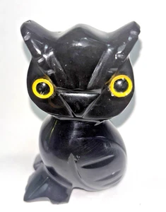 VTG Carved Owl - Black ONYX Stone - Yellow Glass Eyes - 4” tall  - Picture 1 of 4
