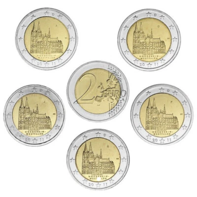 2011 Germany 5 x € 2 Euro UNC Coin North Rhine Westphalia Cologne - All 5 Mints - Image 1 of 3