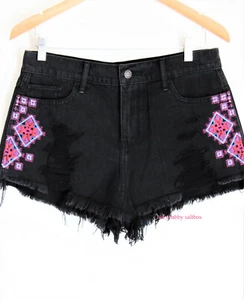 Pantalones Cortos Hollister Negros Destruidos Boho Rosa Edredón Patchwork Cottagecore Chic - Imagen 1 de 8