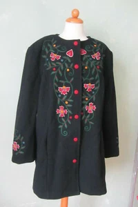Jacke lang Kurzmantel schwarz bestickt Stoff benäht langarm Herzen Blumen 42 XL - Bild 1 von 5