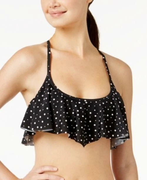 $28 California Waves Black Space Dot Printed Flounce Macrame Bikini Top Size XS - Image 1 of 1