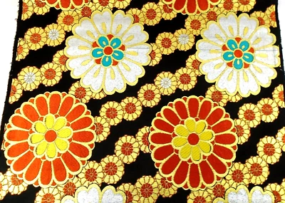 Vintage Gold  Silver Yellow Orange Black Daisy Brocade Jacquard Decor Fabric - Image 1 of 3