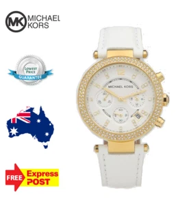 NEW MICHAEL KORS PARKER MK2290 WHITE/GOLD/WHITE LEATHER CHRONOGRAPH WOMENS WATCH - Picture 1 of 10