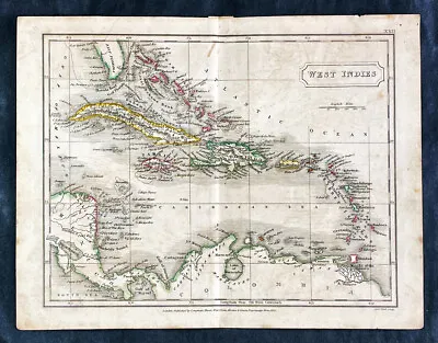 1825 Sydney Hall Antique Map Of Cuba, Caribbean, Mexico & Southern Florida • 168.64$