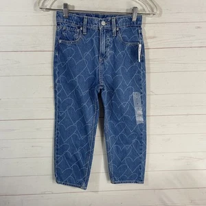 Old Navy Girls High Rise Slouchy Straight Non-Stretch Jeans Sz 7 Heart Print New - Picture 1 of 13