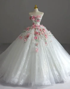 Princess White Ivory Wedding Dresses with Pink Florals A Line Bridal Gowns - Picture 1 of 10