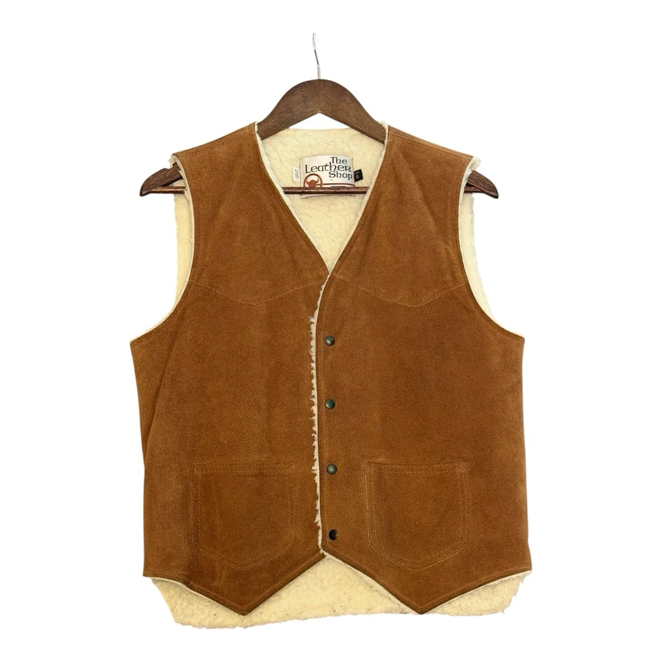 Vtg Sears Suede Sherpa Vest Snap Front Unisex S Western Retro Hippie 70s - Image 1 of 4
