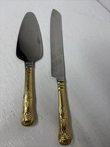 Vintage Gold Plated, Stainless Steel, Wedding Cake Knife And Server - Picture 1 of 17