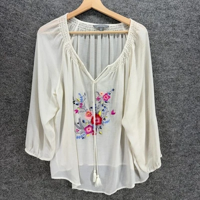 Daisy Fuentes Blouse Women XL Beige Floral Embroidered Tasseled V-Neck Sheer - Image 1 of 4