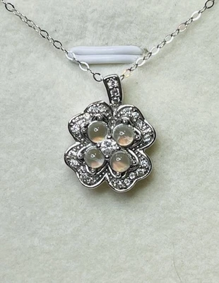 Collar Colgante Trébol Flor 4 Hojas Piedra Lunar Madagascar Plata de Ley 925 Foto 1 de 4