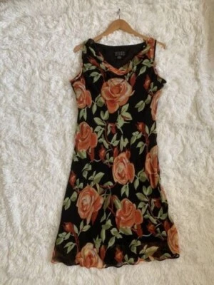 EUC Spenser Jeremy Black and Coral Floral 100% Silk Beaded Midi Size 12P Dress - Image 1 of 4