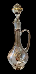 Vintage Kunst Glas Wein Karaffe geschliffen geätzt gold vergoldet Blumen MCM Barware - Bild 1 von 12
