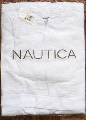 ¡NUEVO! Bata tejida gofre blanca NAUTICA ribete satinado forrado con cinturón talla S/M nueva en paquete Foto 1 de 3
