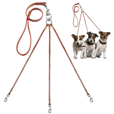 Triple Coupler Dog Leash Genuine Leather Leash for 3 Dogs Pet Walking Lead Leads - Image 1 of 4
