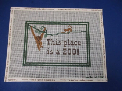 Handpainted Needlepoint Canvas Sign This Place is a Zoo w/ Monkeys - Image 1 of 2