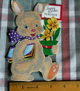 Biglietto di auguri buona Pasqua insegnante * STANLEY inutilizzato VINTAGE fustellato e floccato - Foto 1 di 4